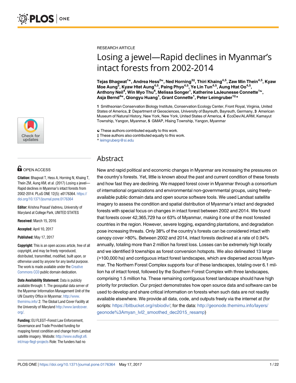 Losing a Jewel—Rapid Declines in Myanmar's Intact Forests from 2002-2014