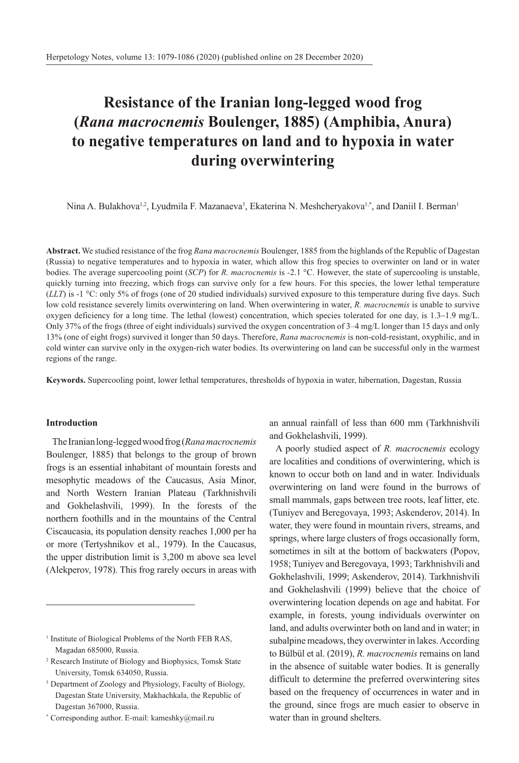 Rana Macrocnemis Boulenger, 1885) (Amphibia, Anura) to Negative Temperatures on Land and to Hypoxia in Water During Overwintering