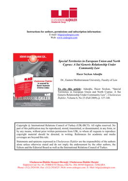 Special Territories in European Union and North Cyprus: a Sui Generis Relationship Under Community Law