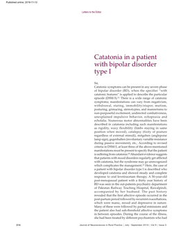 Catatonia in a Patient with Bipolar Disorder Type I