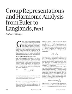 Group Representations and Harmonic Analysis from Euler to Langlands, Part I Anthony W