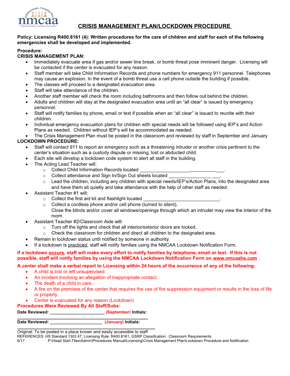 Crisis Management Plan/Lockdown Procedure