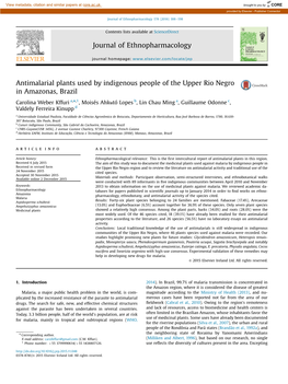 Antimalarial Plants Used by Indigenous People of the Upper Rio Negro in Amazonas, Brazil