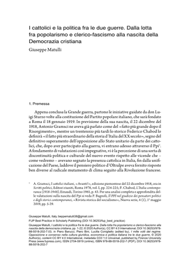 I Cattolici E La Politica Fra Le Due Guerre. Dalla Lotta Fra Popolarismo E Clerico-Fascismo Alla Nascita Della Democrazia Cristiana Giuseppe Matulli