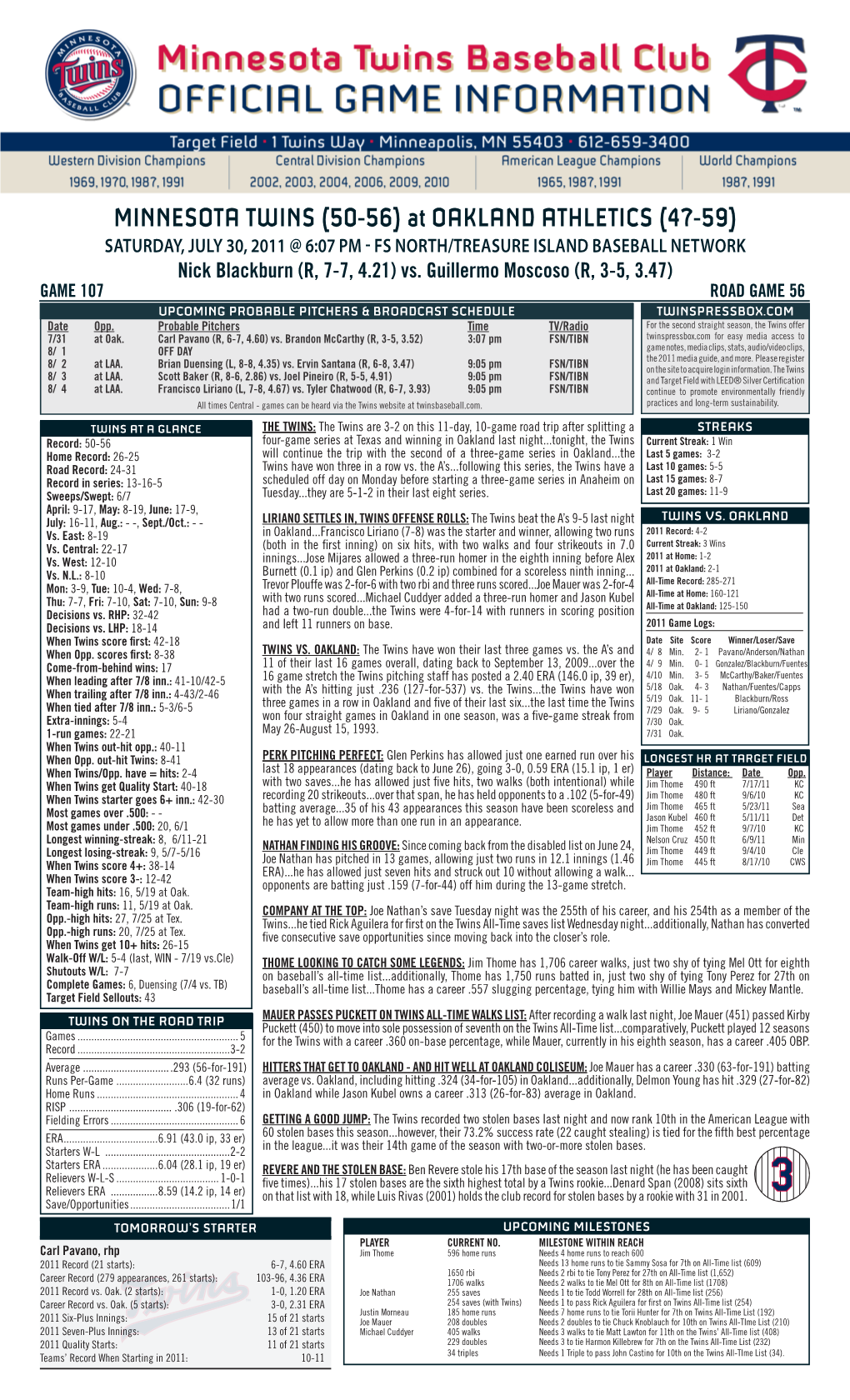 MINNESOTA TWINS (50-56) at OAKLAND ATHLETICS (47-59) SATURDAY, JULY 30, 2011 @ 6:07 PM - FS NORTH/TREASURE ISLAND BASEBALL NETWORK Nick Blackburn (R, 7-7, 4.21) Vs