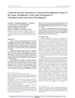 Cyclin D1 and P16 Alterations in Advanced Premalignant Lesions of the Upper Aerodigestive Tract: Role in Response to Chemoprevention and Cancer Development1