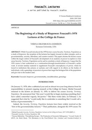 Foucault Lectures the Beginning of a Study of Biopower