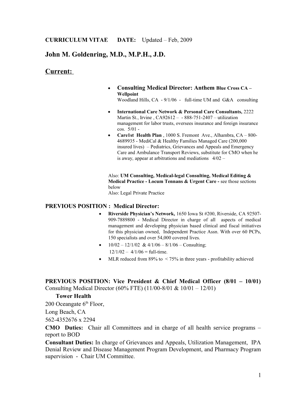 CURRICULUM VITAE DATE: Updated Feb, 2009