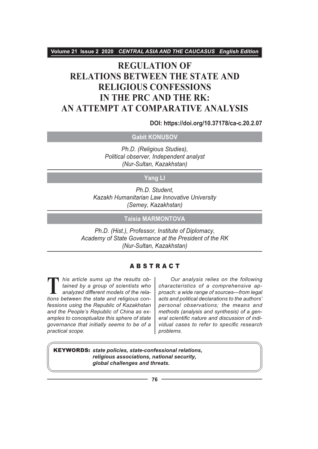 Regulation of Relations Between the State and Religious Confessions in the Prc and the Rk: an Attempt at Comparative Analysis