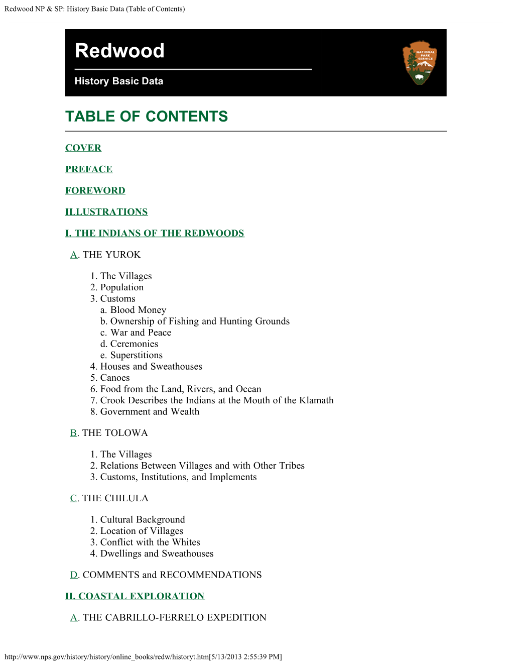 Redwood NP & SP: History Basic Data (Table of Contents)