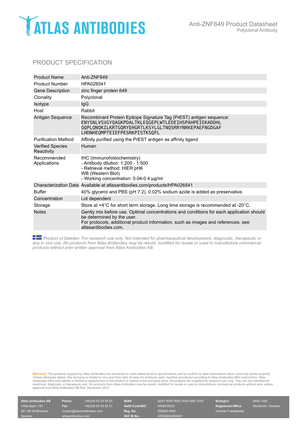 PRODUCT SPECIFICATION Anti-ZNF649 Product Datasheet