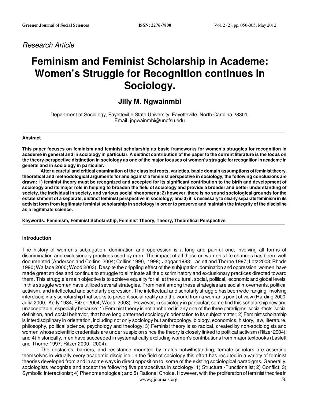 Feminism and Feminist Scholarship in Academe: Women’S Struggle for Recognition Continues in Sociology