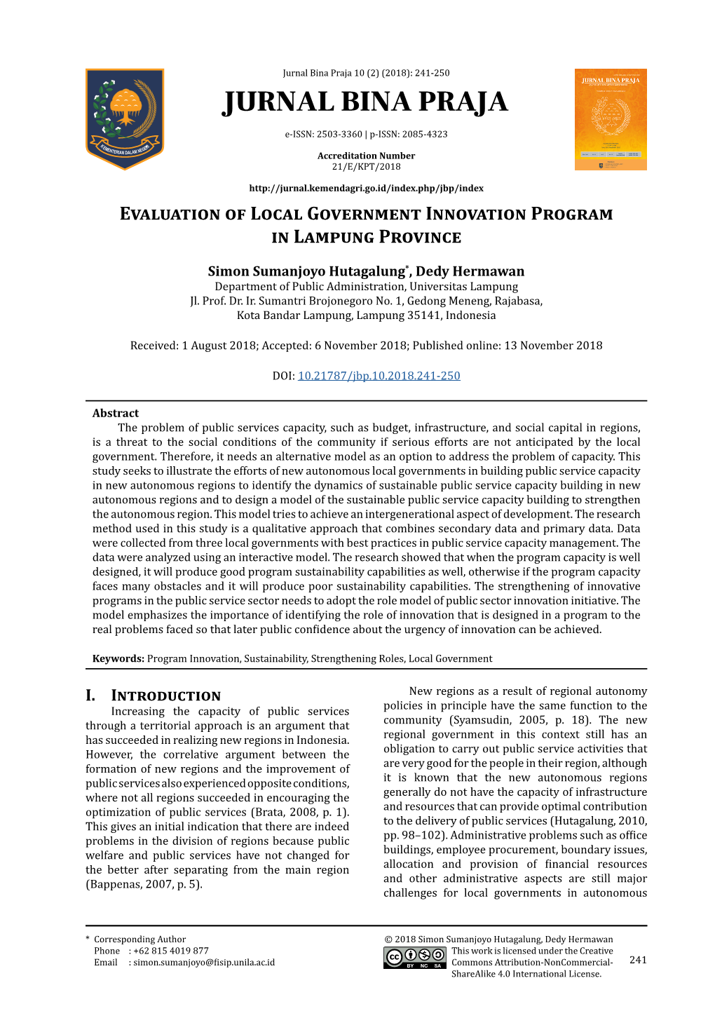 Jurnal Bina Praja 10 (2) (2018): 241-250 JURNAL BINA PRAJA E-ISSN: 2503-3360 | P-ISSN: 2085-4323