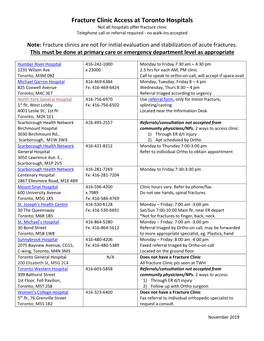 Fracture Clinic Access at Toronto Hospitals Not All Hospitals Offer Fracture Clinic Telephone Call Or Referral Required - No Walk-Ins Accepted