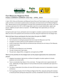 Fort Missoula Regional Park PUBLIC COMMENT SUMMARY and FAQ • APRIL, 2015