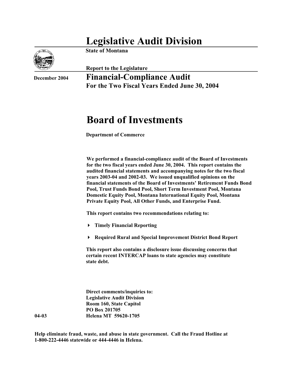 Board of Investments F/C Report
