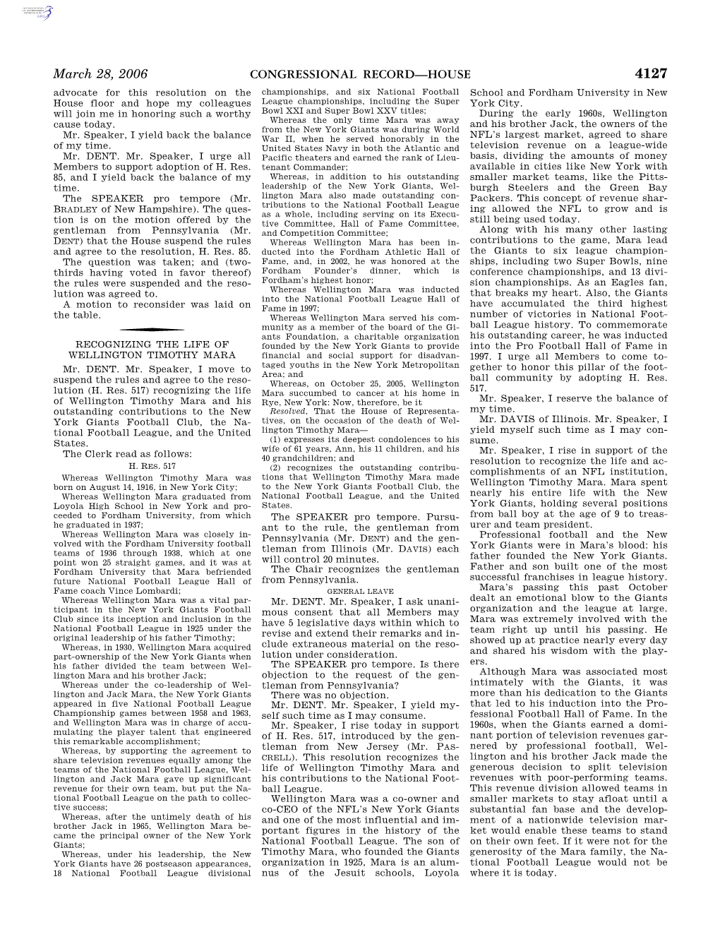 CONGRESSIONAL RECORD—HOUSE March 28, 2006 Mara Will Be Missed by Many and Was Ber of the Team