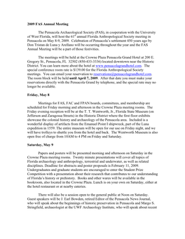 2009 FAS Annual Meeting the Pensacola Archaeological Society