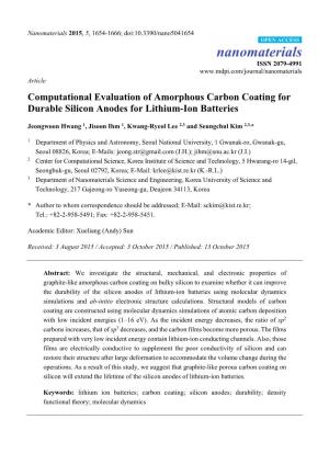 Computational Evaluation of Amorphous Carbon Coating for Durable Silicon Anodes for Lithium-Ion Batteries