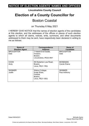 Election of a County Councillor for Boston Coastal