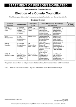 Nominated Candidates for Hinckley and Bosworth Borough