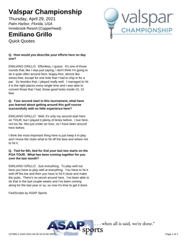 Valspar Championship Thursday, April 29, 2021 Palm Harbor, Florida, USA Innisbrook Resort (Copperhead) Emiliano Grillo Quick Quotes