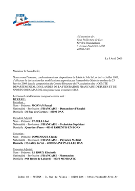 À L'attention De : Sous Préfecture De Dax Service Associations 5 Avenue Paul DOUMER 40100 DAX