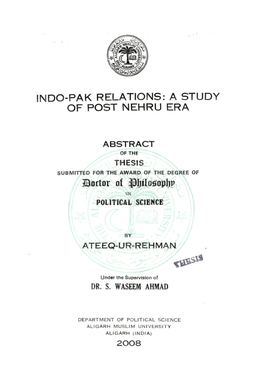 Indo-Pak Relations: a Study of Post Nehru Era
