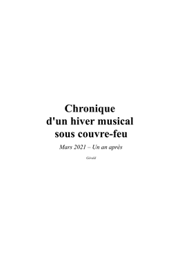 Chronique D'un Hiver Musical Sous Couvre-Feu Mars 2021 – Un an Après