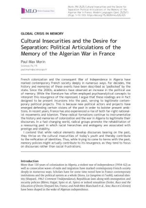 Political Articulations of the Memory of the Algerian War in France