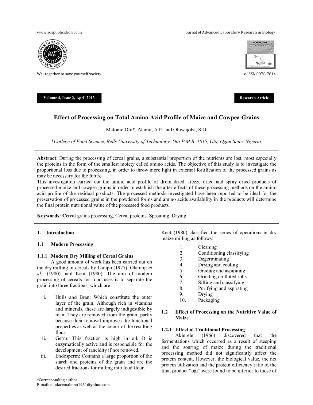 Effect of Processing on Total Amino Acid Profile of Maize and Cowpea Grains