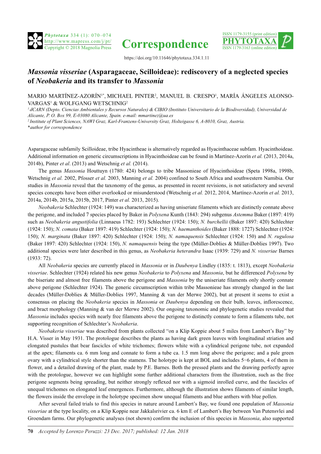 Massonia Visseriae (Asparagaceae, Scilloideae): Rediscovery of a Neglected Species of Neobakeria and Its Transfer to Massonia