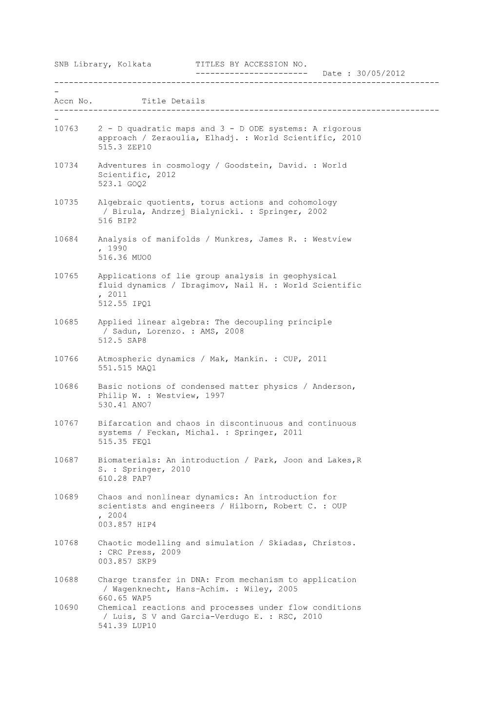 SNB Library, Kolkata TITLES by ACCESSION NO