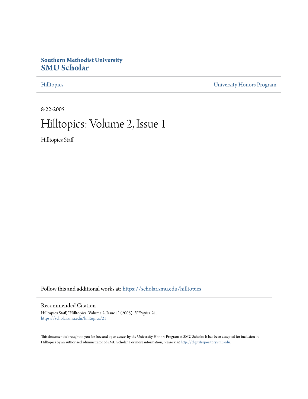 Hilltopics: Volume 2, Issue 1 Hilltopics Staff