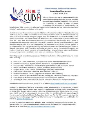 Transformation and Continuity in Cuba International Conference March 20-21, 2020