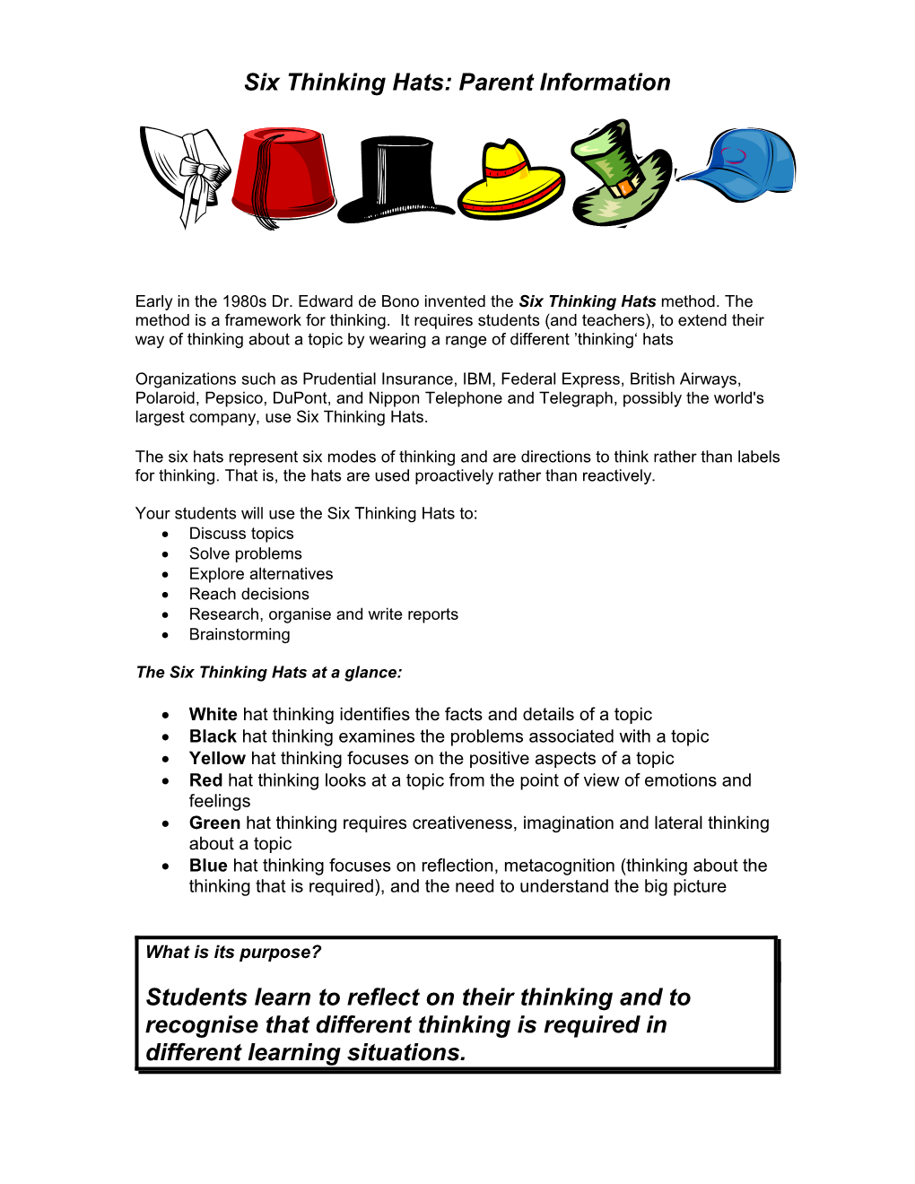 Six Thinking Hats: Parent Information