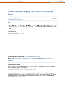 From Mbube to Wimoweh: African Folk Music in Dual Systems of Law