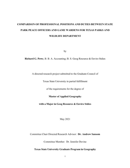 Comparison of Professional Positions and Duties Between State Park Peace Officers and Game Wardens for Texas Parks and Wildlife