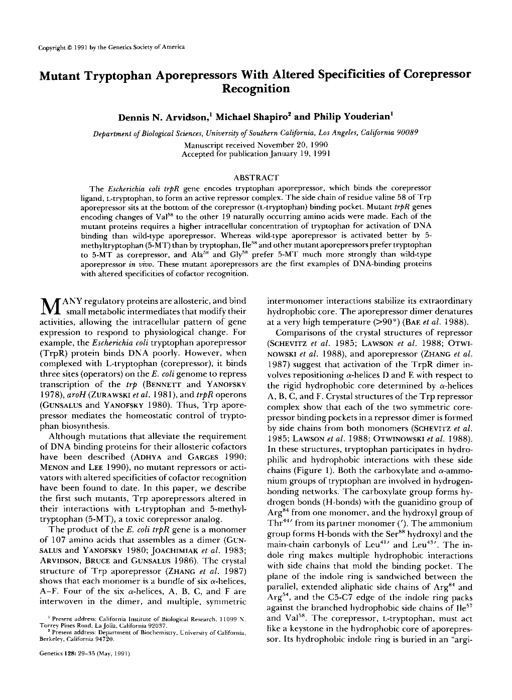 Mutant Tryptophan Aporepressors with Altered Specificities Of