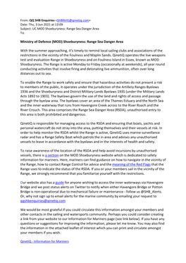 UC MOD Shoeburyness: Range Sea Danger Area To