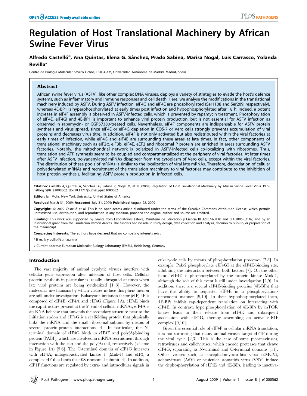 Regulation of Host Translational Machinery by African Swine Fever Virus