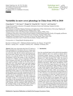 Variability in Snow Cover Phenology in China from 1952 to 2010