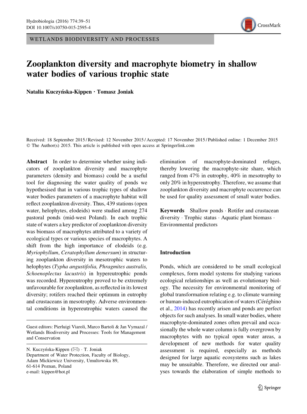 Zooplankton Diversity and Macrophyte Biometry in Shallow Water Bodies of Various Trophic State