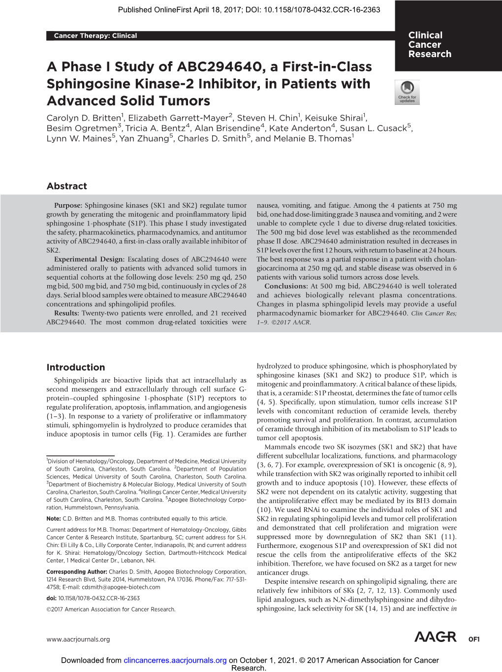 A Phase I Study of ABC294640, a First-In-Class Sphingosine Kinase-2 Inhibitor, in Patients with Advanced Solid Tumors Carolyn D