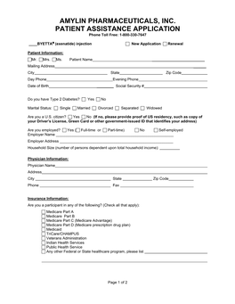 AMYLIN PHARMACEUTICALS, INC. PATIENT ASSISTANCE APPLICATION Phone Toll Free: 1-800-330-7647