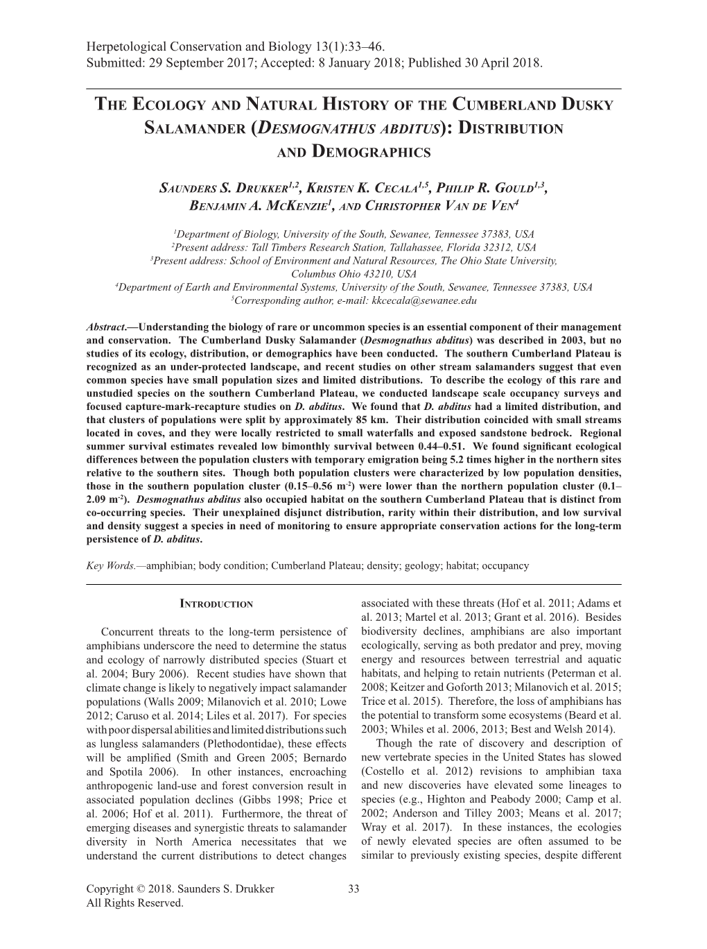 The Ecology and Natural History of the Cumberland Dusky Salamander (Desmognathus Abditus): Distribution and Demographics