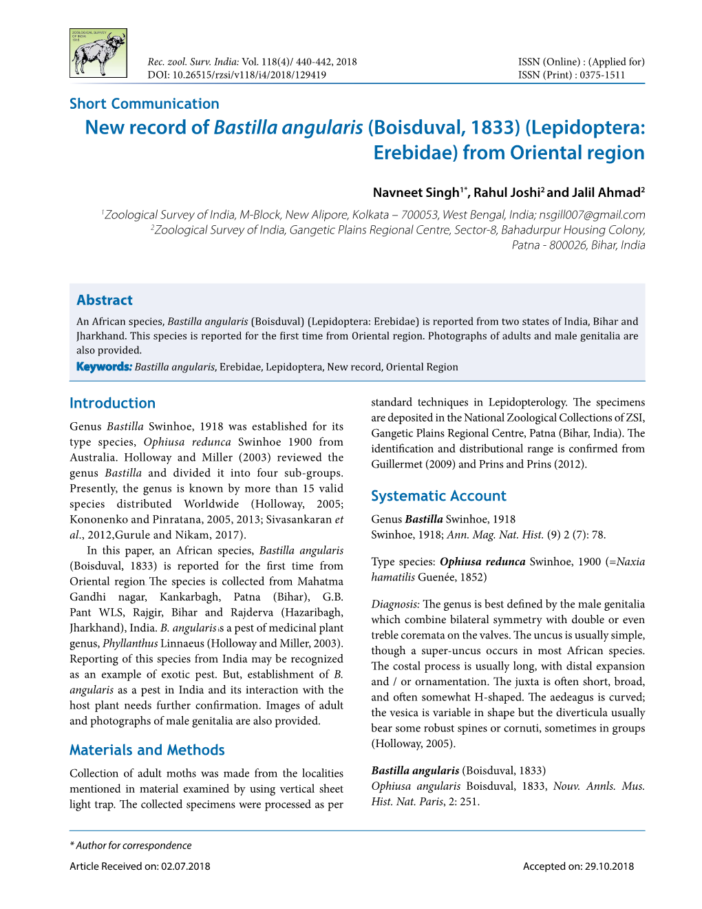 New Record of Bastilla Angularis (Boisduval, 1833) (Lepidoptera: Erebidae) from Oriental Region