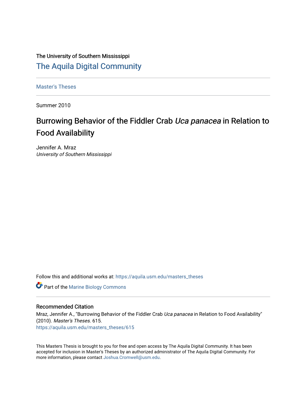 Burrowing Behavior of the Fiddler Crab Uca Panacea in Relation to Food Availability