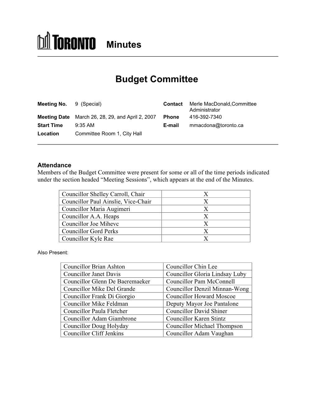 Minutes Budget Committee