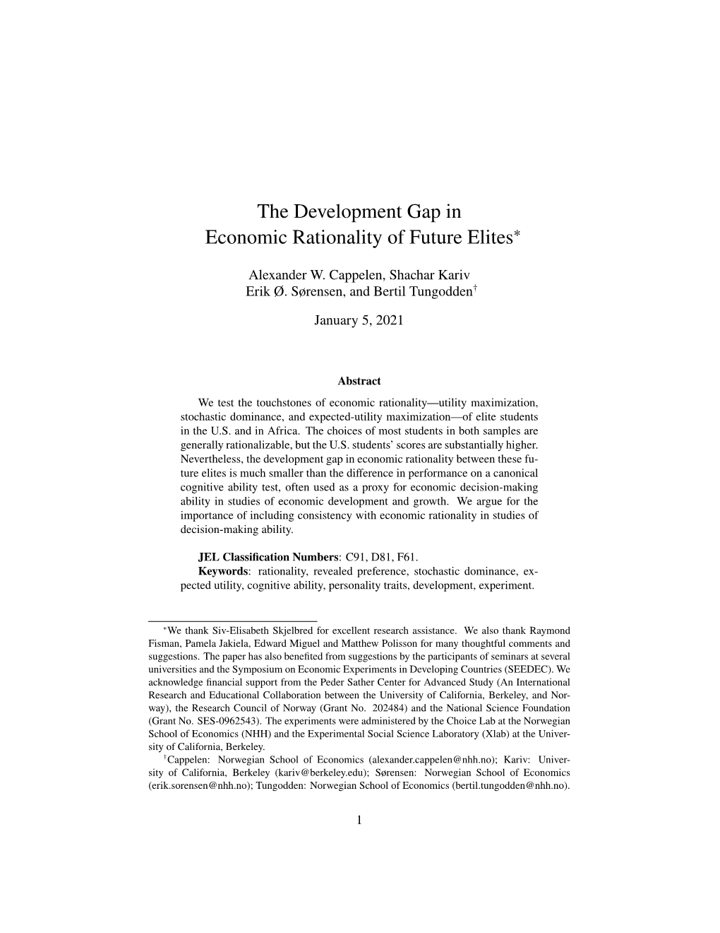 The Development Gap in Economic Rationality of Future Elites∗